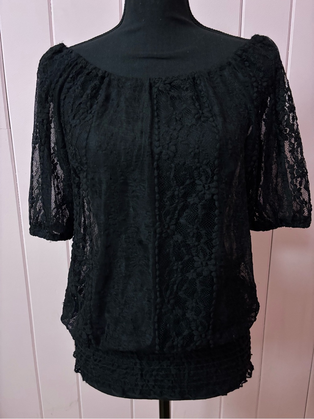 Vintage Y2K Black Gothic Fairy Sheer Floral Lace Off Shoulder Peasant Blouse Top